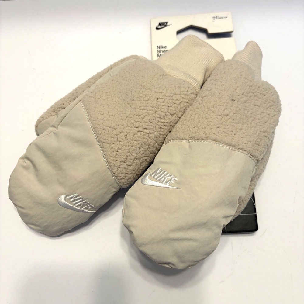 Nike Womens Sherpa Fleece Mittens Oatmeal Beige XS/S NEW Cozy Winter Snow